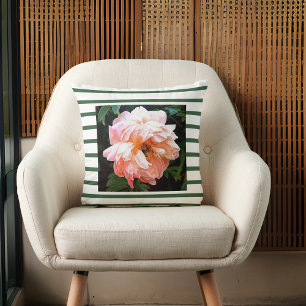 Romantic Spring Peach Peony on Green Stripes Cushion