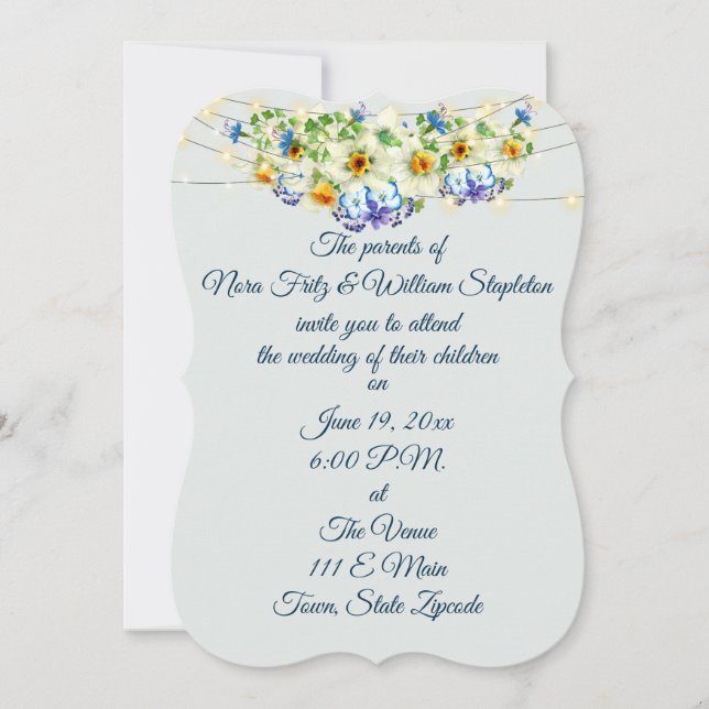 Romantic Spring  Wedding, Flowers and Fairy Lights Invitation (Front)