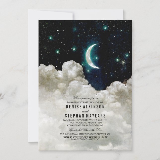 Romantic Stars and Moon Engagement Party Invitation (Front)