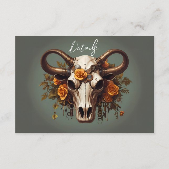 Romantic Steampun Floral Cow Skull Wedding QR code Enclosure Card (Front)