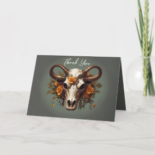 Romantic Steampunk Floral Cow Skull Wedding Thank You Card
