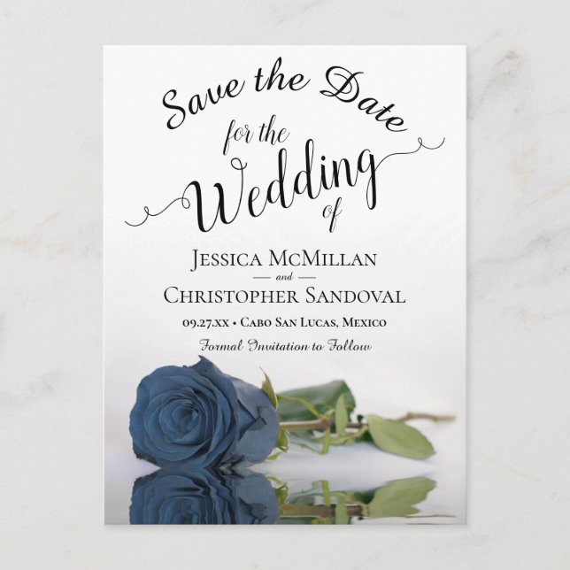 Romantic Steel Blue Rose Wedding Save the Date Announcement Postcard (Front)