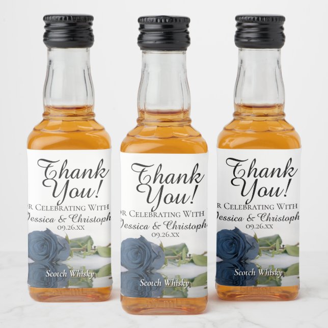 Romantic Steel Blue Rose Wedding Thank You Mini Liquor Bottle Label (Bottles)