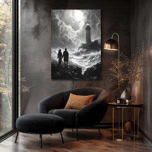 Romantic Stormy Shore with Lighthouse - Charcoal Poster