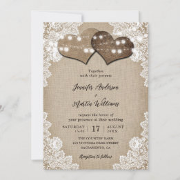 Romantic String Lights Burlap and Lace Wedding Invitation