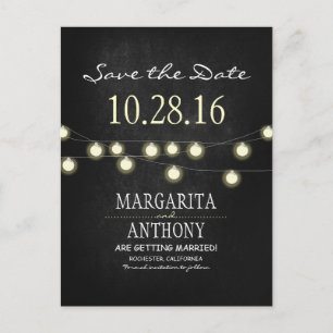 romantic string lights chalkboard save the date announcement postcard