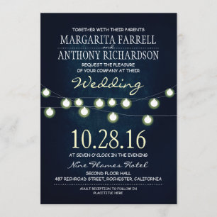 Romantic string lights navy wedding invites