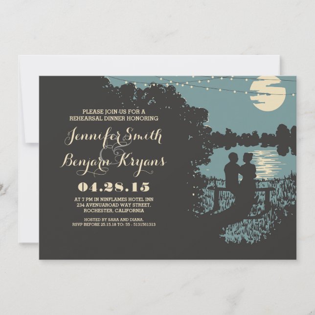Romantic string lights outdoor rehearsal dinner invitation (Front)