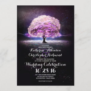 romantic string lights tree purple wedding invites