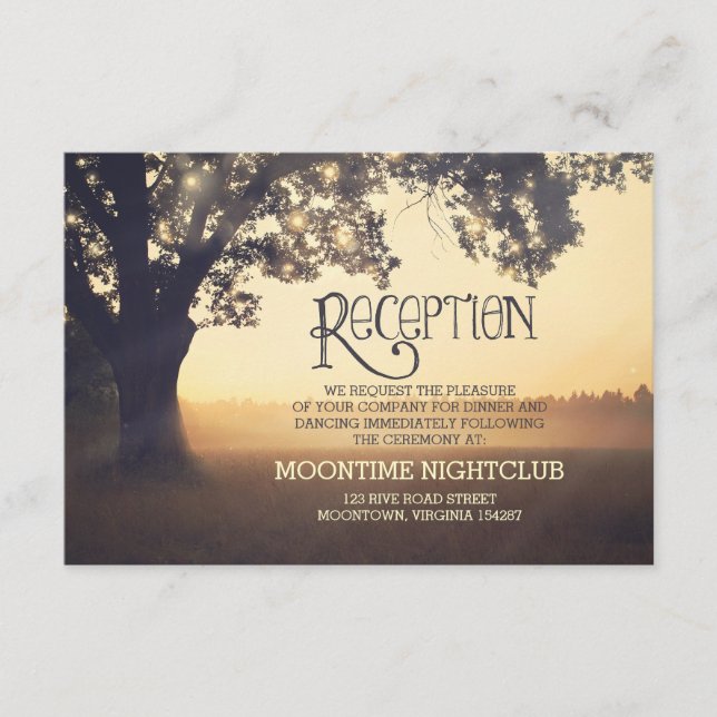 romantic string lights tree wedding reception card (Front)