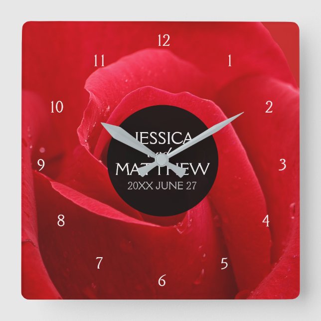 Romantic Stylish Red Rose Floral Wedding Square Wall Clock (Front)