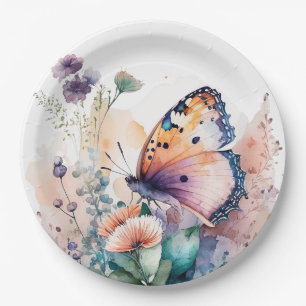 Romantic summer flowers and butterfly  paper plate