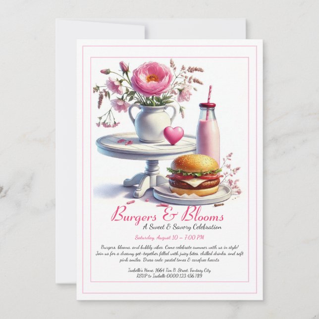 Romantic Summer Party Watercolor Burger & Pink  Invitation (Front)
