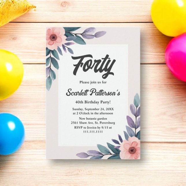 Romantic Summer Watercolor Floral 40th Birthday Invitation (Creator Uploaded)