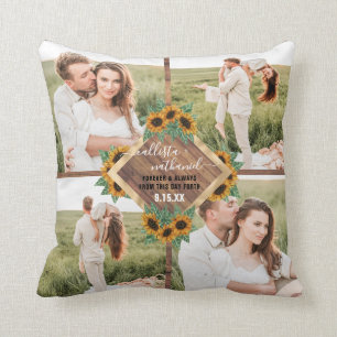 Romantic Sunflower Gold White Couple Photo Collage Cushion