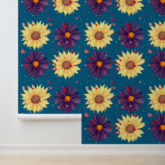 Romantic Sunflower Heart Teal Textured Wallpaper