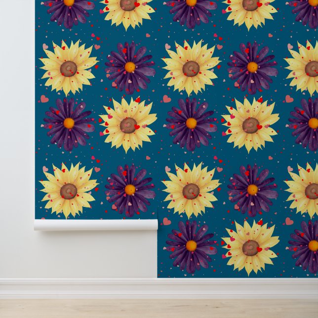 Romantic Sunflower Heart Teal Textured Wallpaper (Application)
