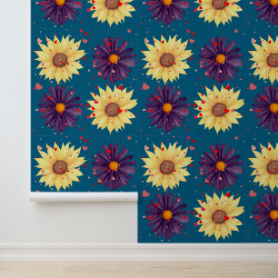 Romantic Sunflower Hearts Teal Textured Vinyl Wallpaper