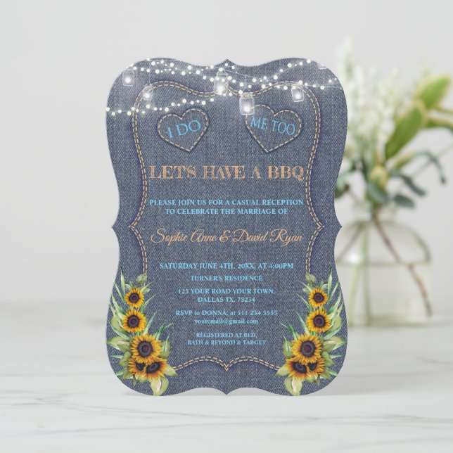 Romantic Sunflowers Denim String Lights I DO BBQ Invitation (Standing Front)