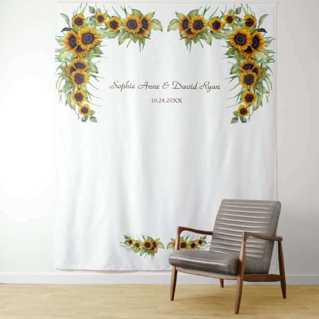 Romantic Sunflowers Wedding Wood Photo Booth Tapestry (In Situ)
