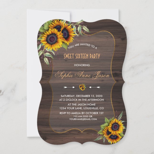 Romantic Sunflowers Wood Sweet Sixteen Party Invitation (Front)
