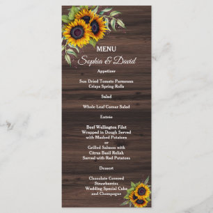 Romantic Sunflowers Wood Wedding Menu