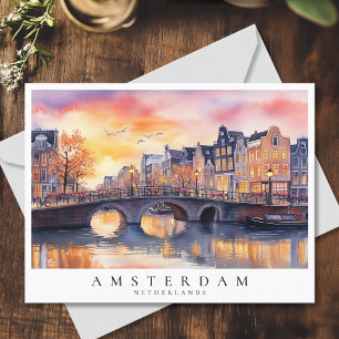 Romantic Sunset Amsterdam Canal Watercolor Travel Postcard