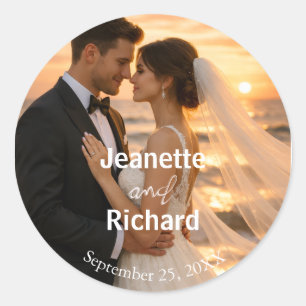 Romantic Sunset Beach Bride and Groom Wedding Classic Round Sticker