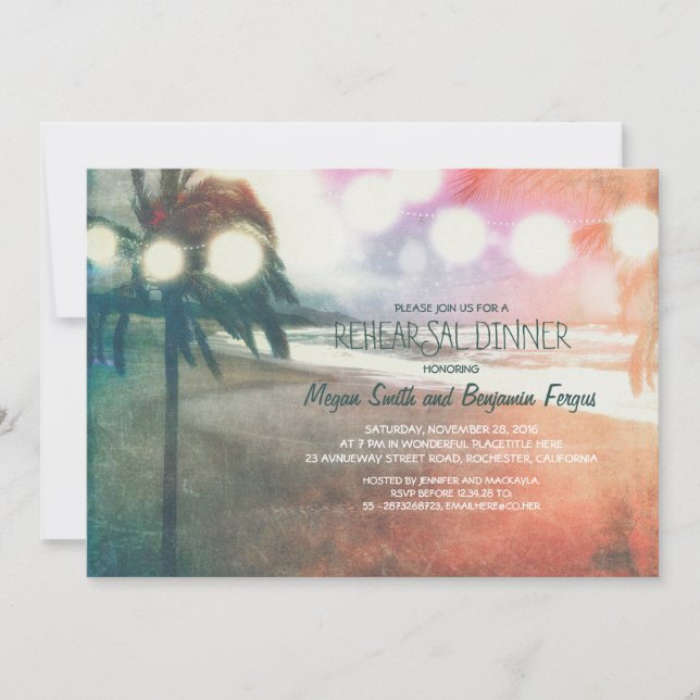 Romantic Sunset Beach Lanterns Rehearsal Dinner Invitation (Front)