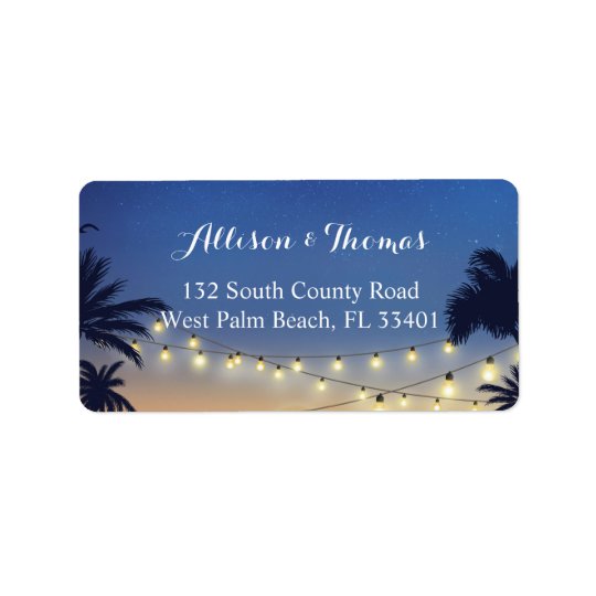 Romantic Sunset Beach Palm Tree String Lights Address Label