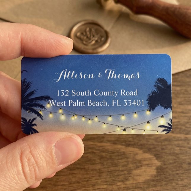 Romantic Sunset Beach Palm Tree String Lights Label (Creator Uploaded)