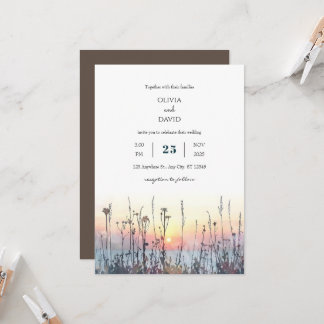 Romantic Sunset Coastal Meadow Art Beach wedding Invitation