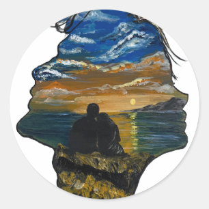 Romantic Sunset Couple Art - handmade artwork Classic Round Sticker