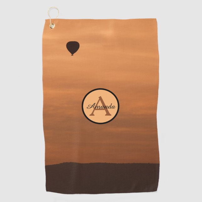 Romantic sunset hot air balloon photo monogram gol golf towel (Front)