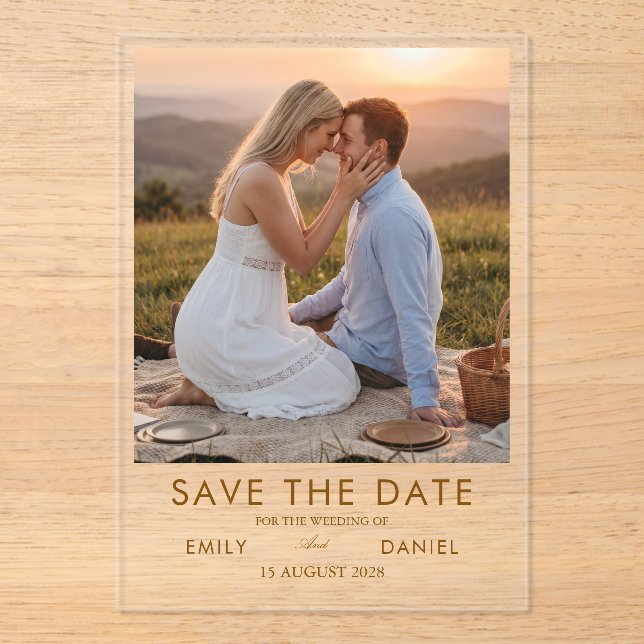 romantic sunset photo save the date card acrylic invitations (Front)