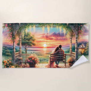 Romantic Sunset Porch View Illustration Beach Towel