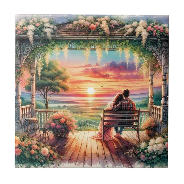 Romantic Sunset Porch View Illustration Ceramic Tile (Front)