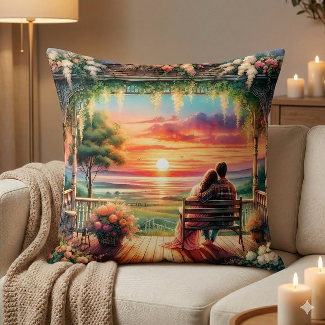 Romantic Sunset Porch View Illustration Cushion (Romantic Sunset Porch View Illustration Throw Pillow Mockup A)