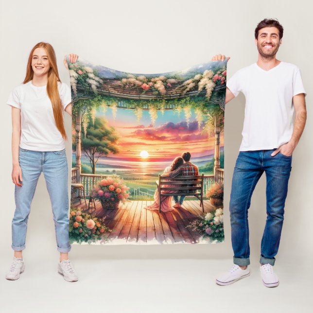 Romantic Sunset Porch View Illustration Fleece Blanket (In Situ)