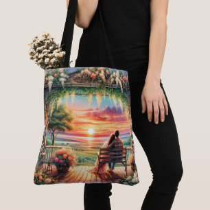 Romantic Sunset Porch View Illustration Tote Bag
