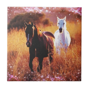 Romantic Sunset Western country Galloping Horses Ceramic Tile