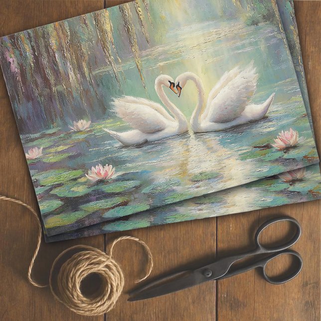 Romantic Swan Couple in Lily Pond Decoupage Tissue Paper (Creator Uploaded)