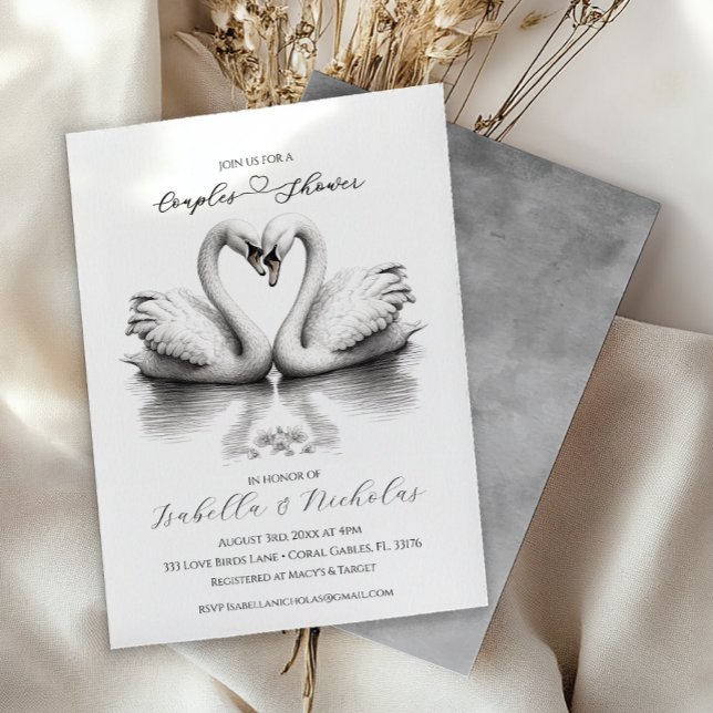 Romantic Swan Couples Shower Invitation (Black and White Romantic Couples Shower Invitation)