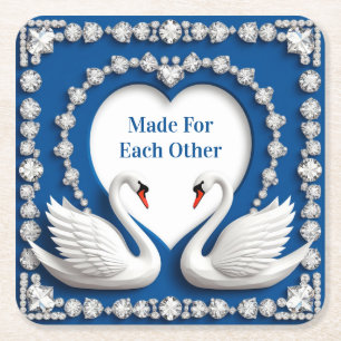 Romantic Swan Heart Diamond Wedding Square Paper Coaster