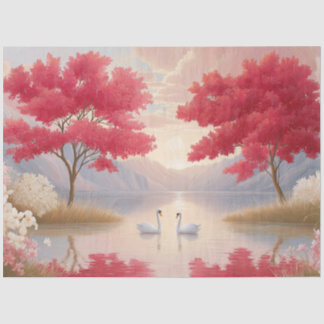 Romantic Swan Lake Pink Blossom Trees Decoupage  Tissue Paper