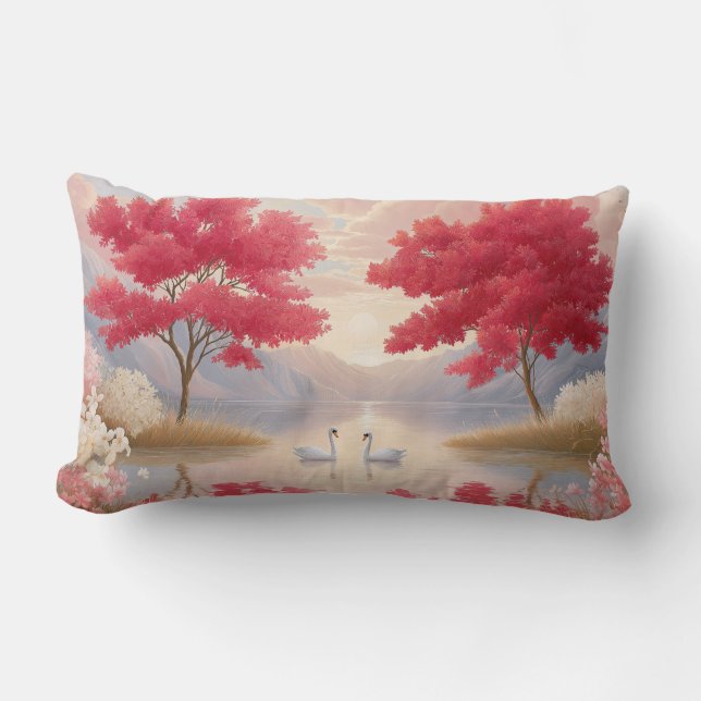 Romantic Swan Lake Pink Blossom Trees Elegant Lumbar Cushion (Front)