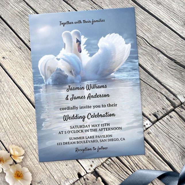 Romantic Swan Lake Wedding Invitation (Romantic wedding invitation featuring two swans in love on a sunlit lake or pond)