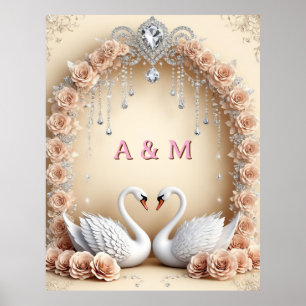 Romantic Swan Pair Under Rose Wedding Arch 🦢 Poster