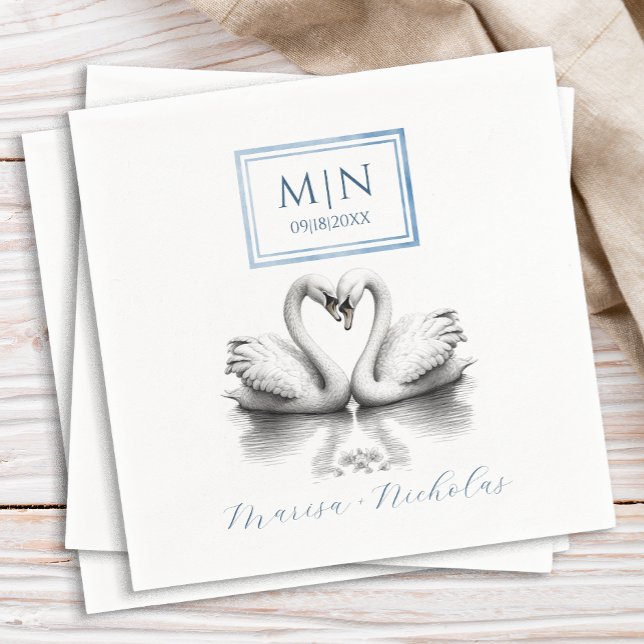 Romantic Swan Wedding Napkins Blue Monogram (Romantic Swan Napkins)