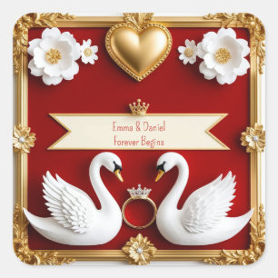 🌹 Romantic Swan Wedding With Red Gold Frame 💎 Square Sticker